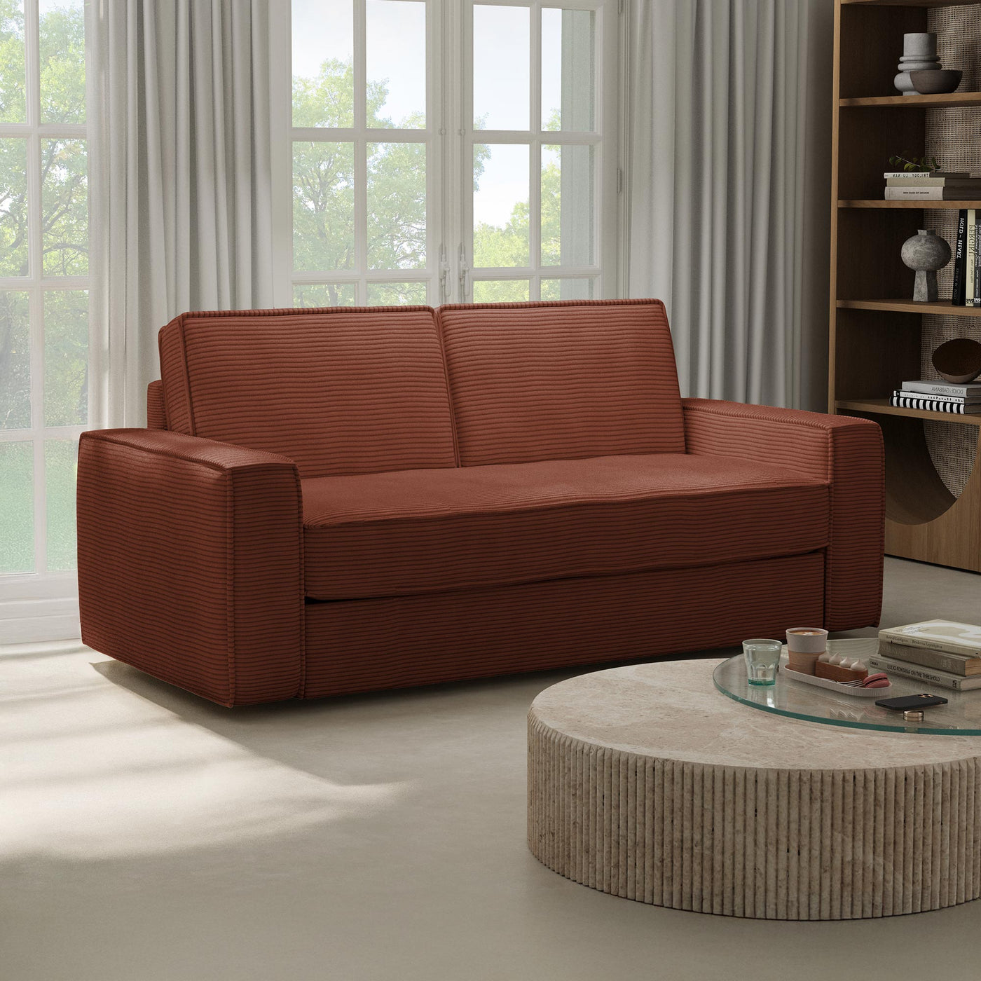 MINDY Canapé 3 places convertible velours côtelé terracotta matelas 14 cm - Canapés convertibles - Mobilier Deco