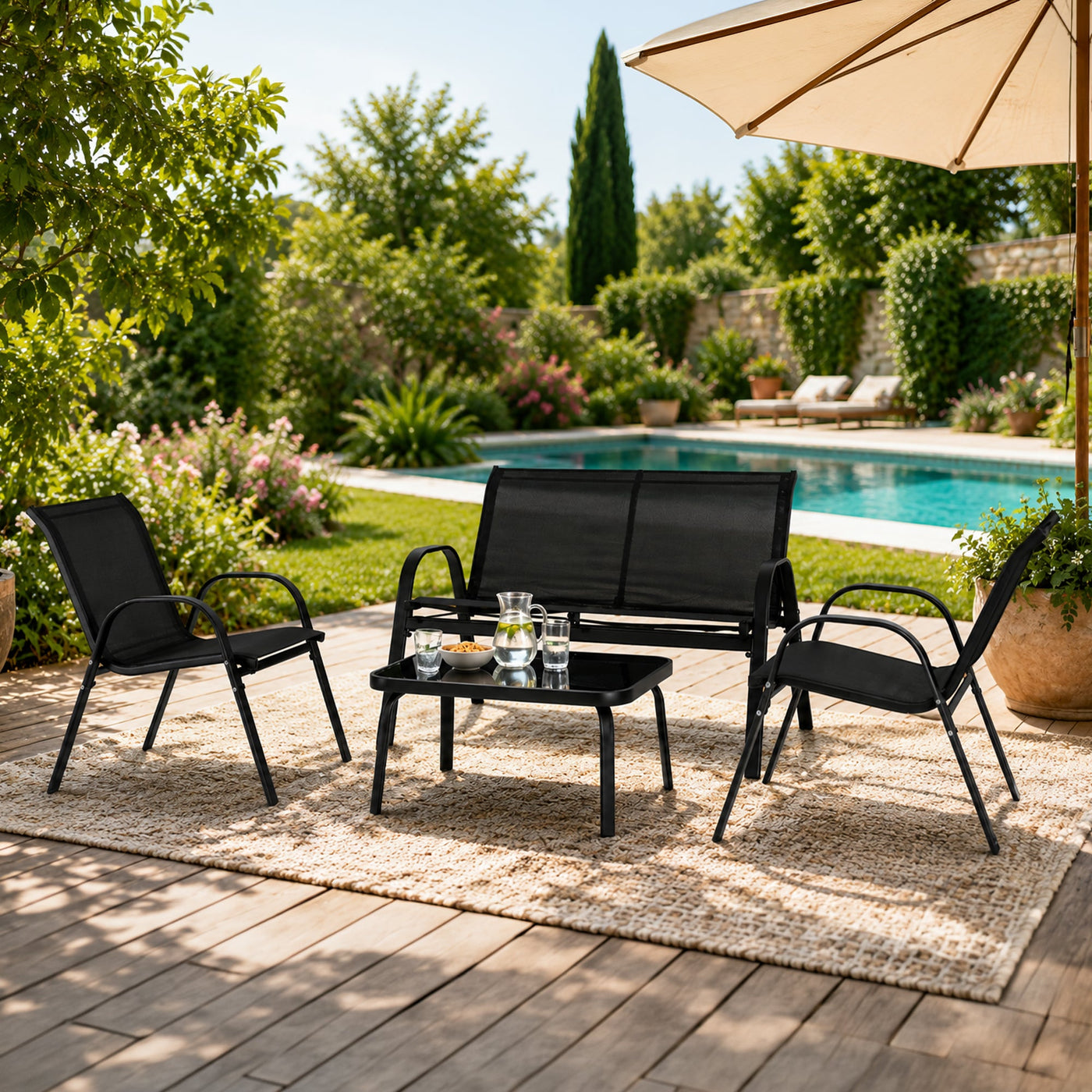 MINNESOTA Ensemble de mobilier de jardin 4 places avec table en verre noir - Mobilier de jardin - Mobilier Deco