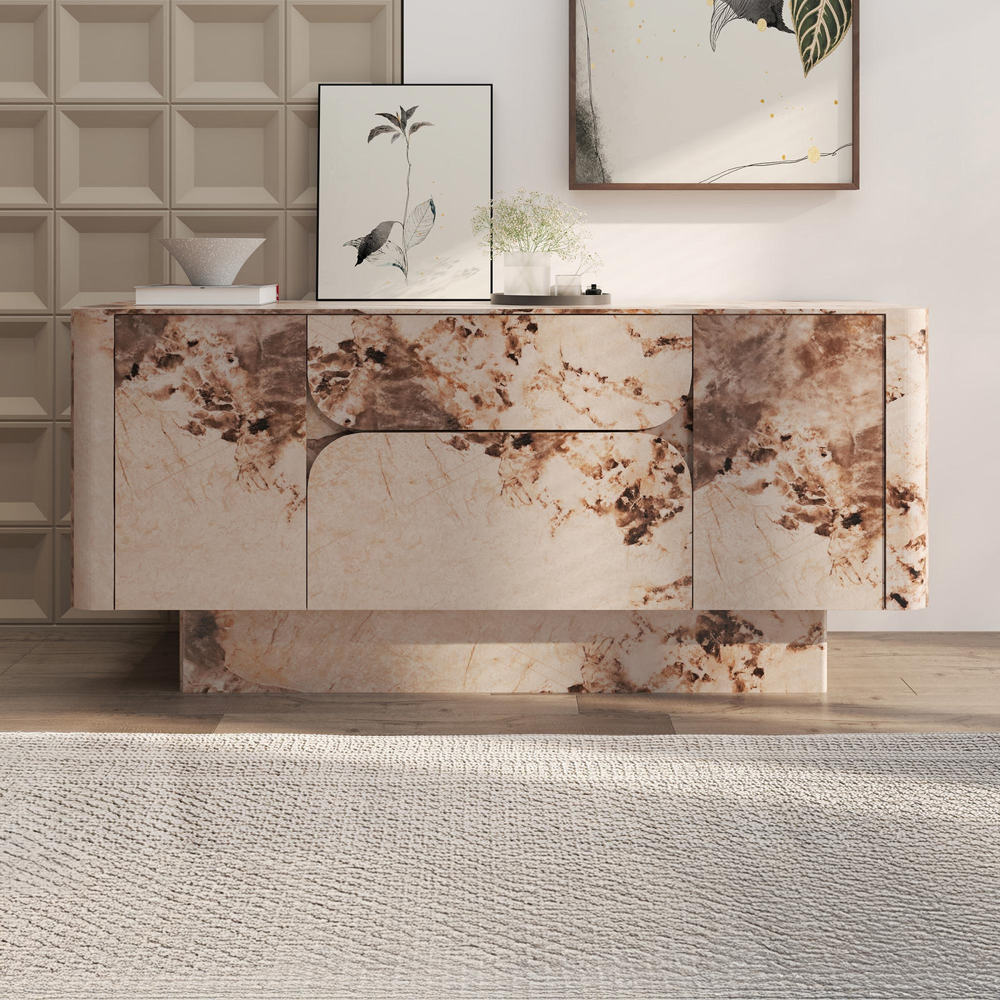 MIRA Buffet enfilade 2 portes 2 tiroirs marbre d'ingénierie beige et marron - Buffet - Mobilier Deco