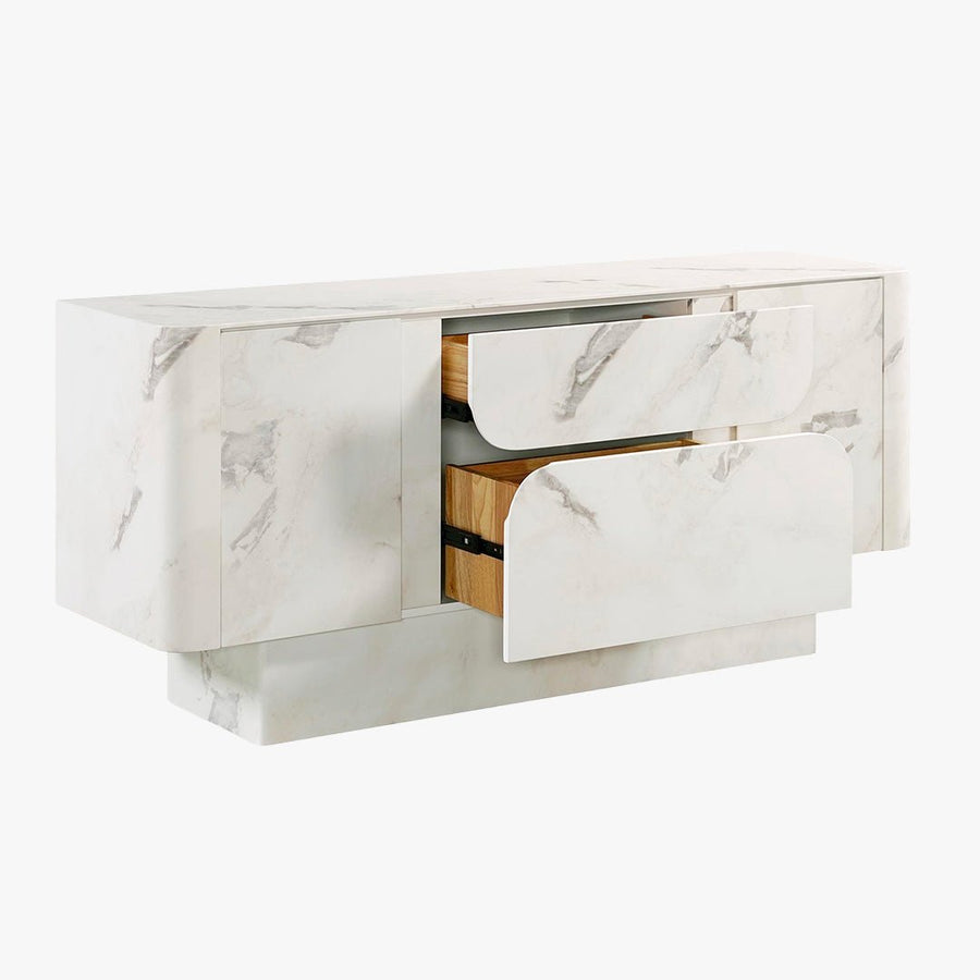 MIRA Buffet enfilade 2 portes 2 tiroirs marbre d'ingénierie blanc — aperçu vidéo