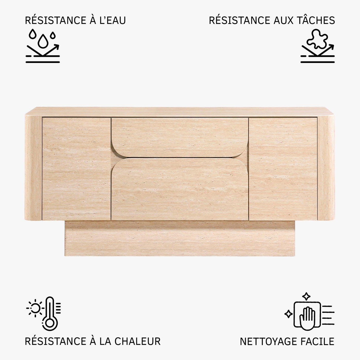 MIRA Buffet enfilade 2 portes 2 tiroirs marbre d'ingénierie couleur travertin - Buffet - Mobilier Deco