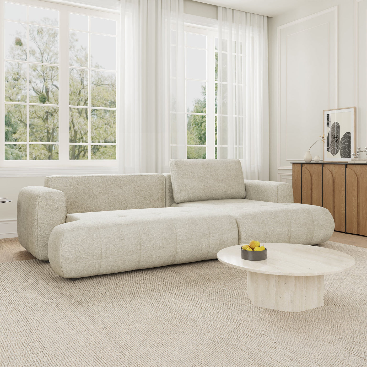 MIREL Canapé d'angle convertible en tissu écru - Angle droit - Canapé d'angle convertible - Mobilier Deco