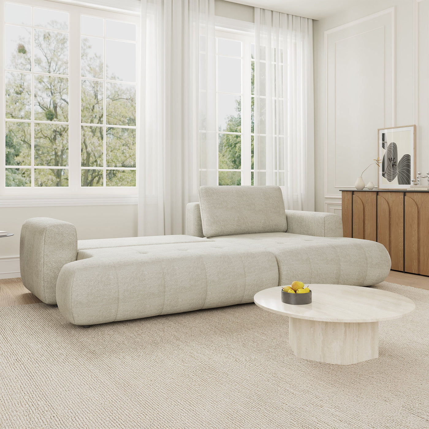 MIREL Canapé d'angle convertible en tissu écru - Angle droit - Canapé d'angle convertible - Mobilier Deco