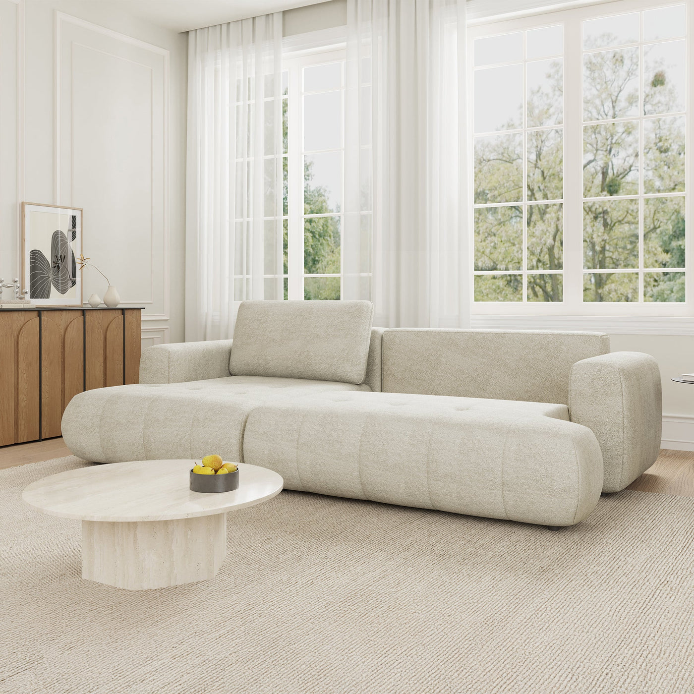 MIREL Canapé d'angle convertible en tissu écru - Angle gauche - Canapé d'angle convertible - Mobilier Deco