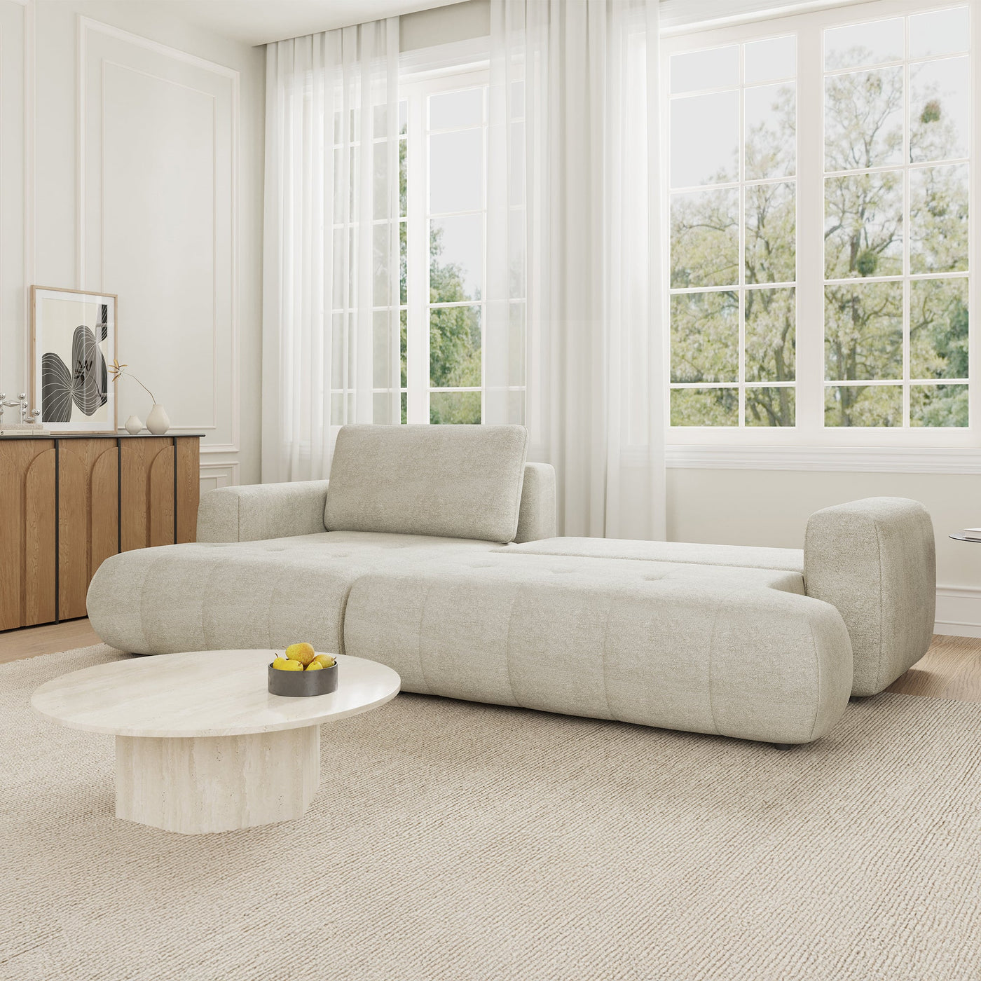 MIREL Canapé d'angle convertible en tissu écru - Angle gauche - Canapé d'angle convertible - Mobilier Deco