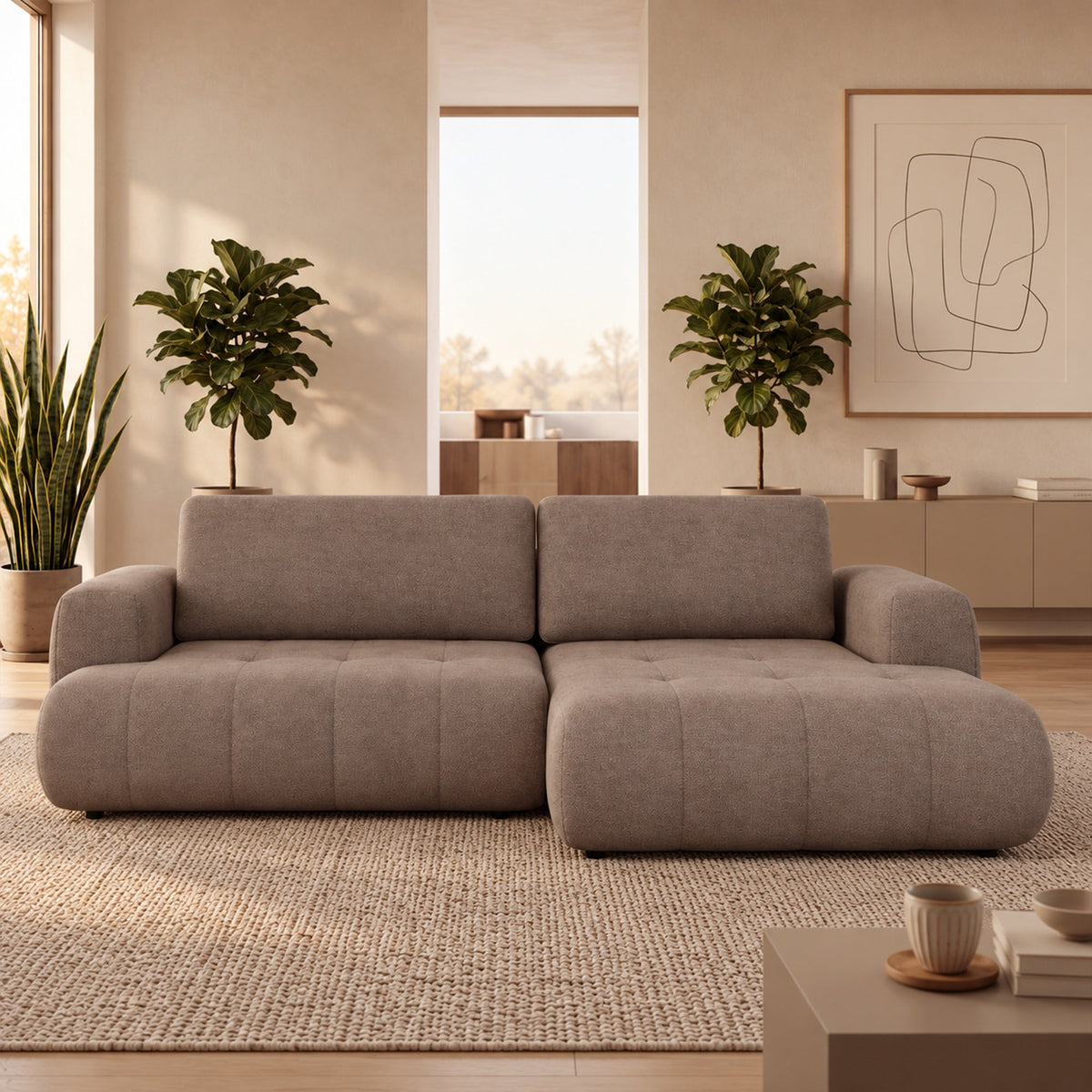 MIREL Canapé d'angle convertible en tissu marron - Angle droit - Canapé d'angle convertible - Mobilier Deco
