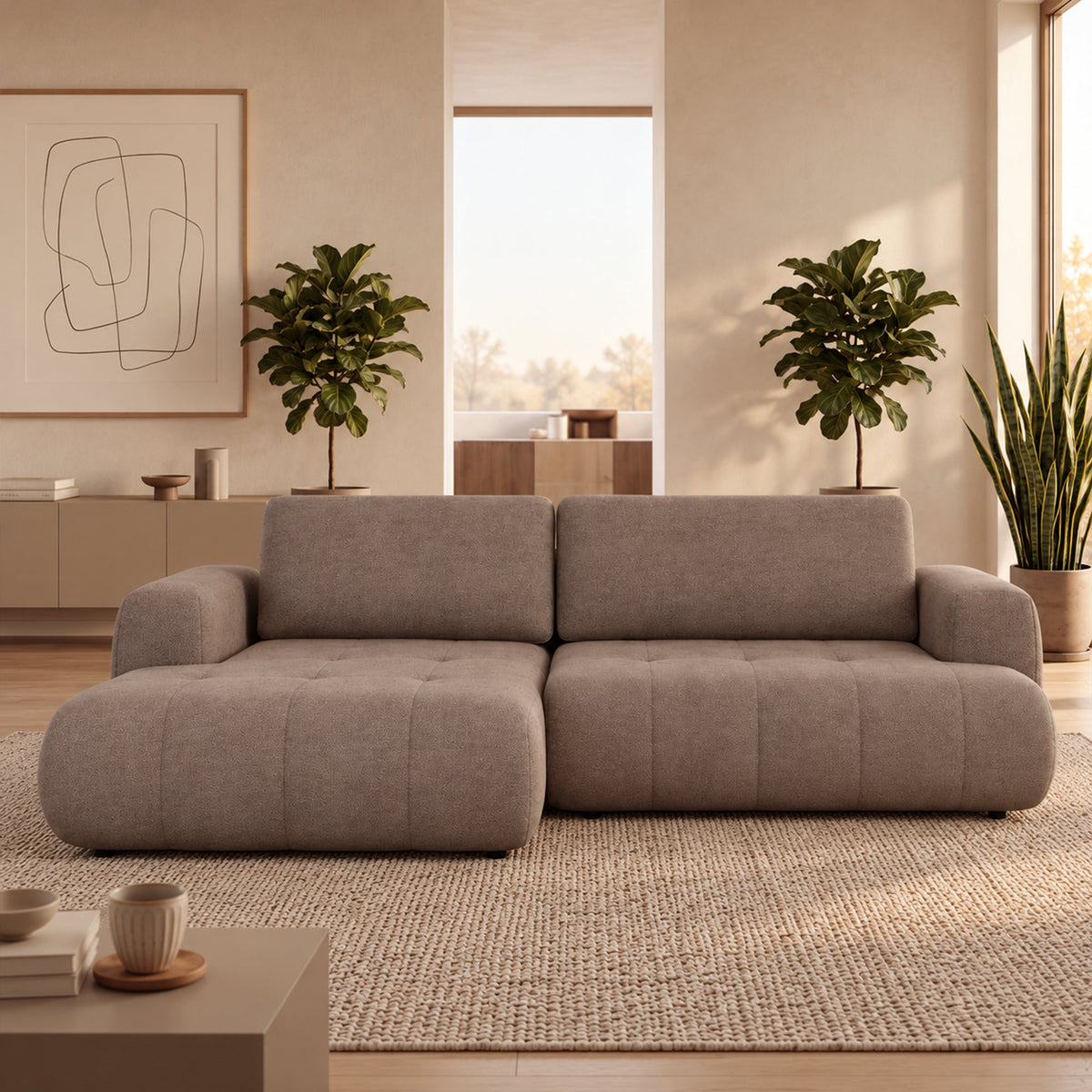 MIREL Canapé d'angle convertible en tissu marron - Angle gauche - Canapé d'angle convertible - Mobilier Deco