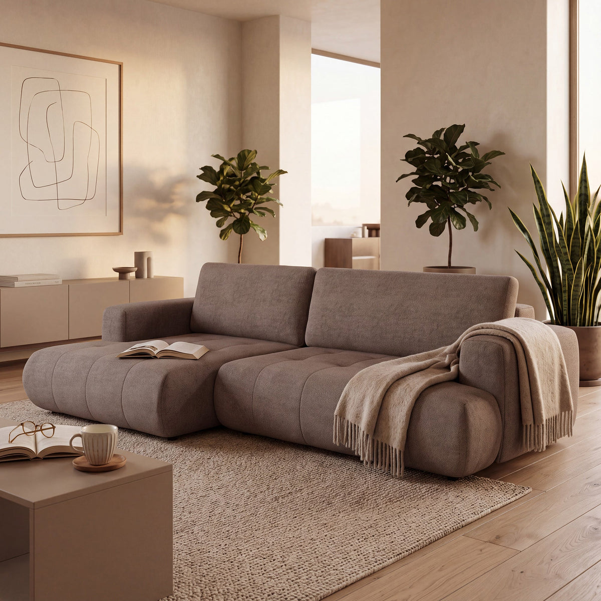 MIREL Canapé d'angle convertible en tissu marron - Angle gauche - Canapé d'angle convertible - Mobilier Deco