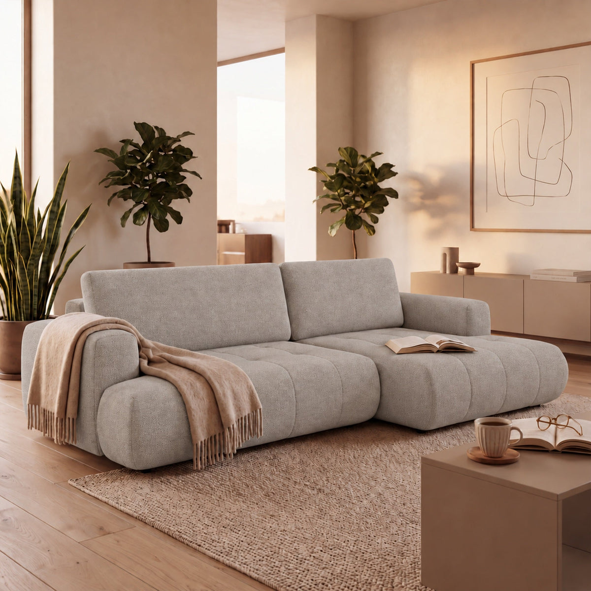 MIREL Canapé d'angle convertible en tissu taupe - Angle droit - Canapé d'angle convertible - Mobilier Deco