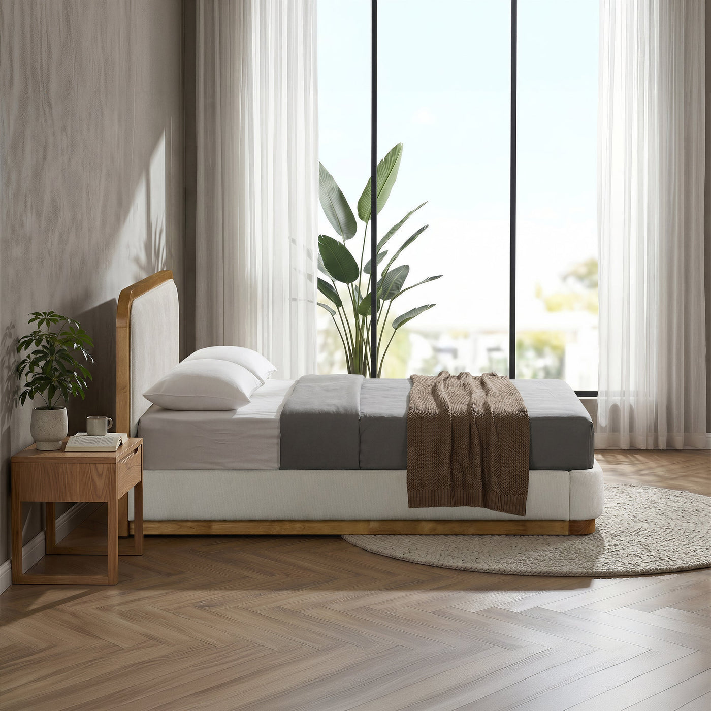 MONA Lit double en tissu beige et bois clair 140x190 cm - Lits - Mobilier Deco