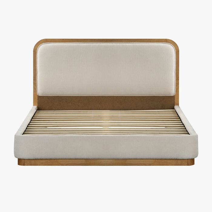 MONA Lit double en tissu beige et bois clair 140x190 cm