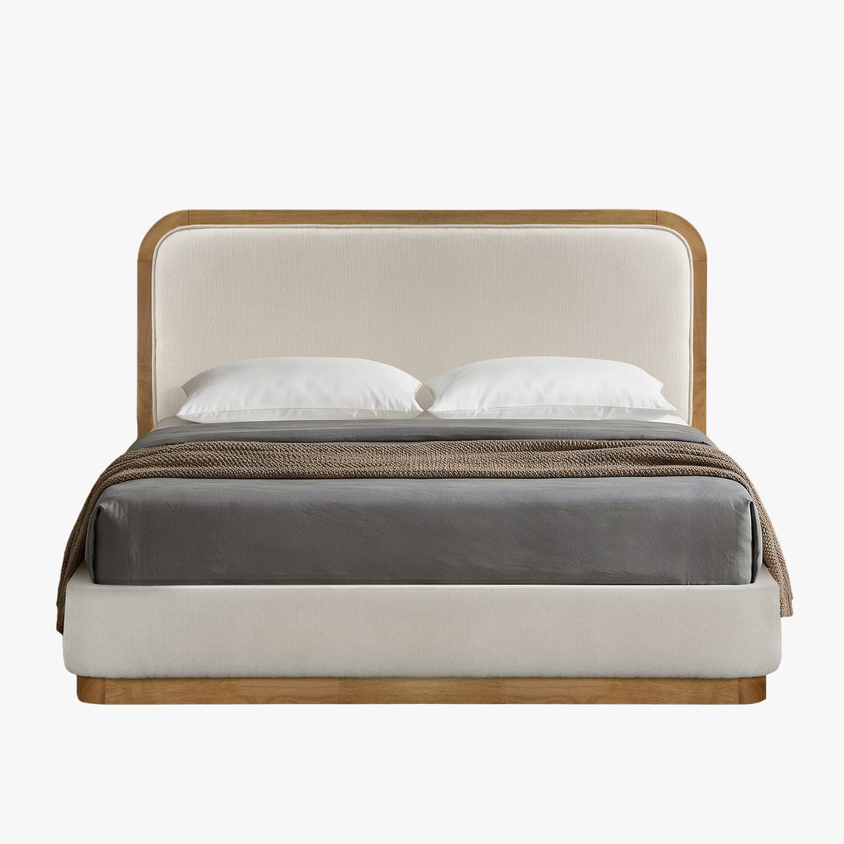 MONA Lit double en tissu beige et bois clair 160x200 cm - Lits - Mobilier Deco