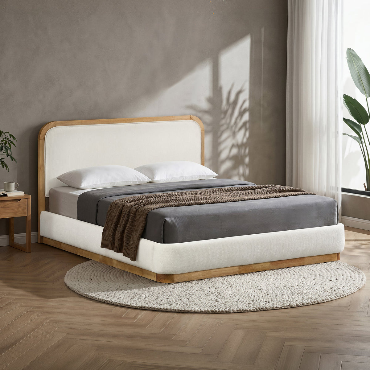 MONA Lit double en tissu beige et bois clair 160x200 cm - Lits - Mobilier Deco