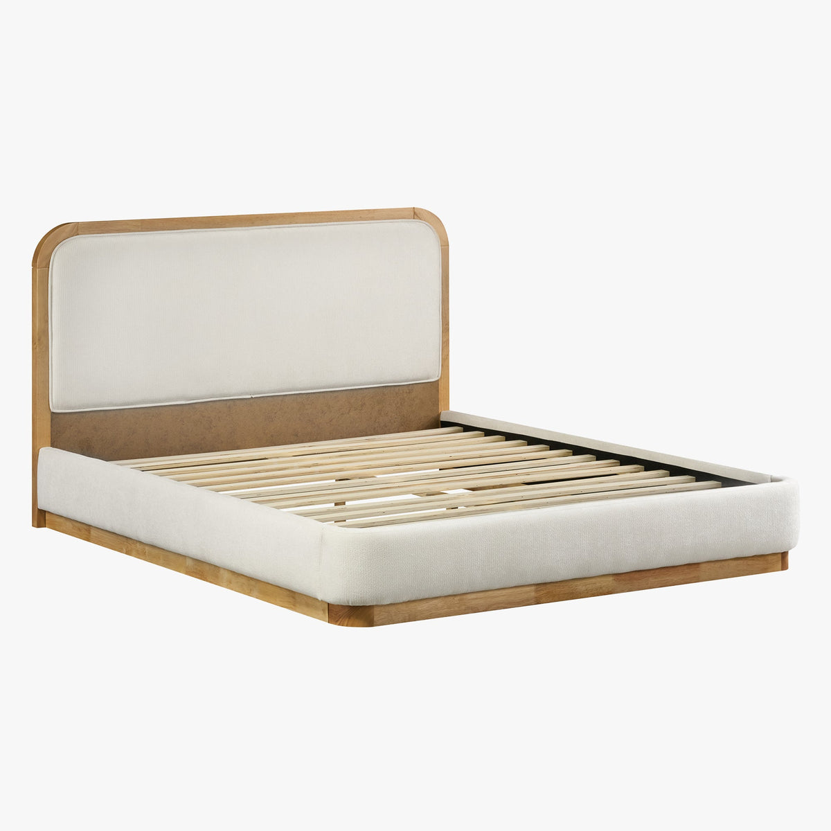 MONA Lit double en tissu beige et bois clair 160x200 cm - Lits - Mobilier Deco