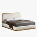 MONA Lit double en tissu beige et bois clair 160x200 cm