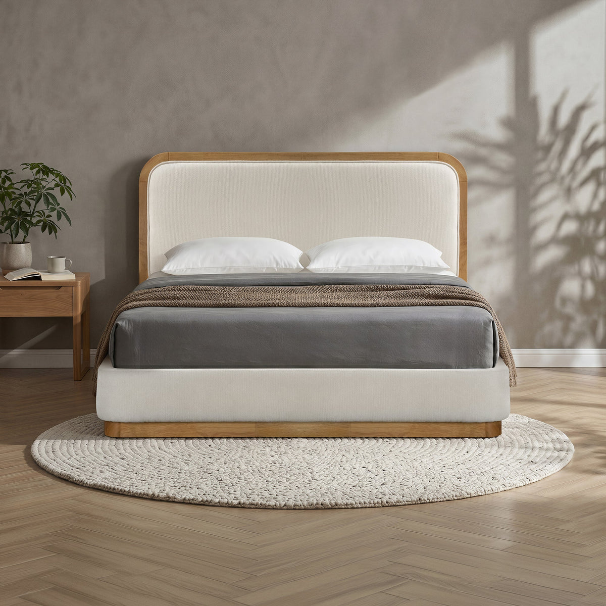 MONA Lit double en tissu beige et bois clair 160x200 cm - Lits - Mobilier Deco