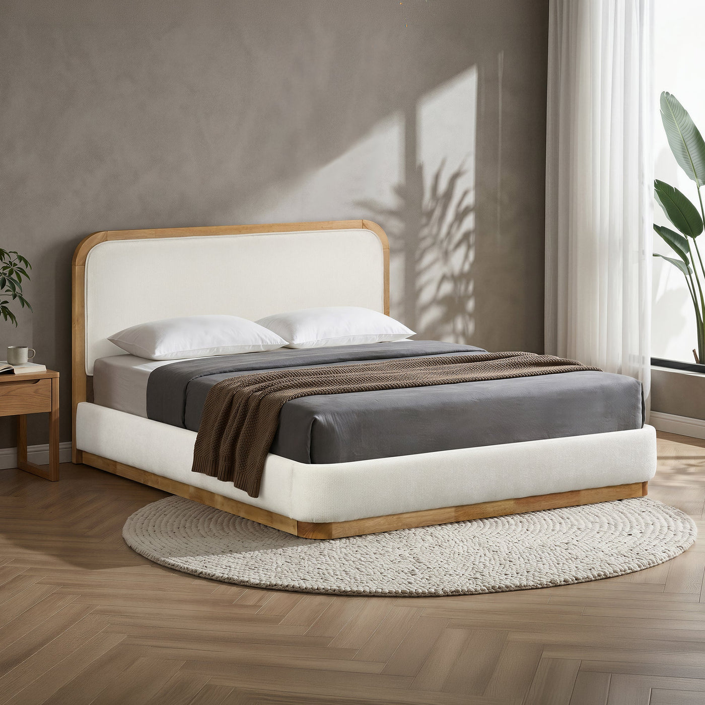 MONA Lit double en tissu beige et bois clair 180x200 cm - Lits - Mobilier Deco