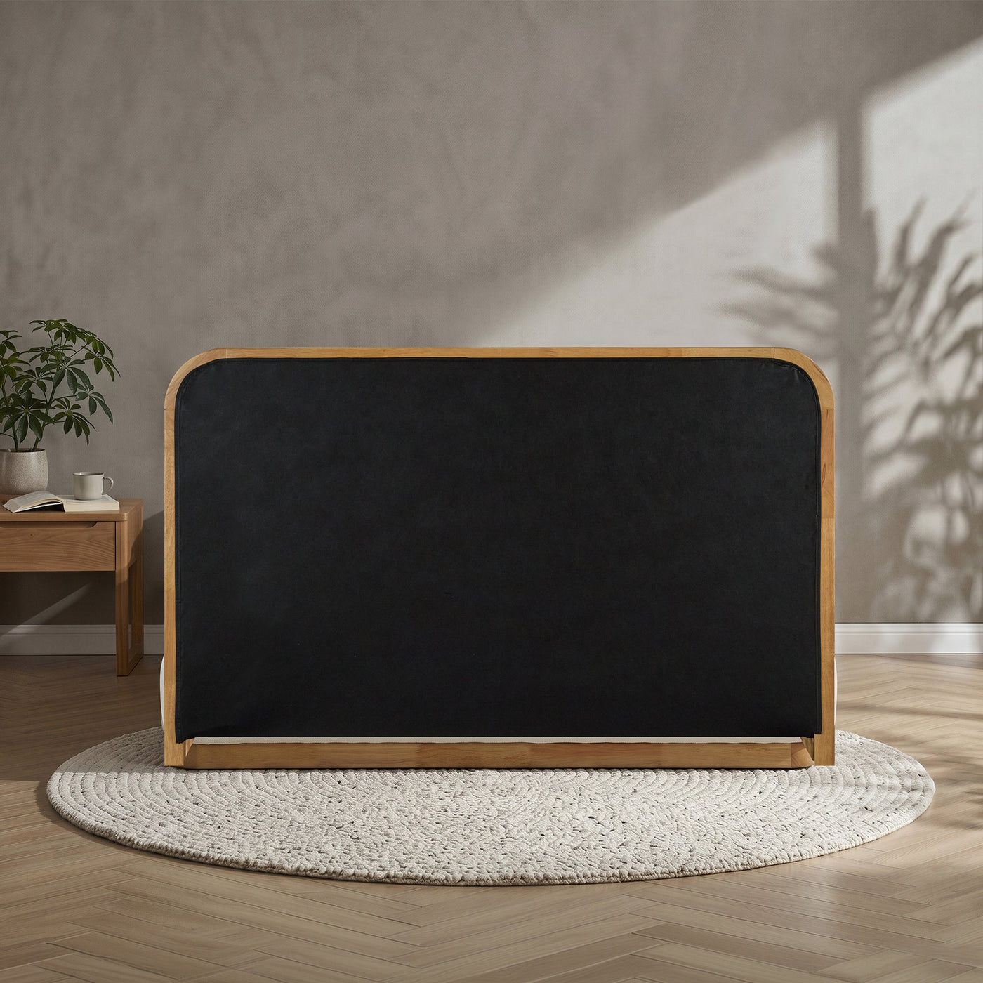 MONA Lit double en tissu beige et bois clair 180x200 cm - Lits - Mobilier Deco