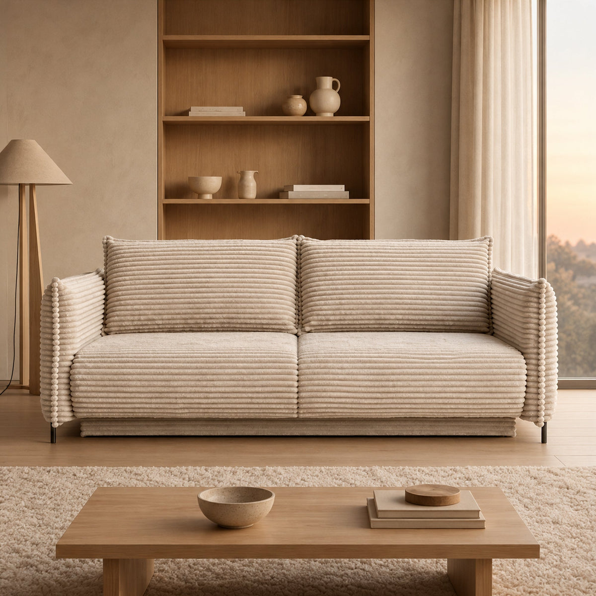 MONICA Canapé 3 places convertible avec coffre velours gros côtelé beige - Canapés convertibles - Mobilier Deco