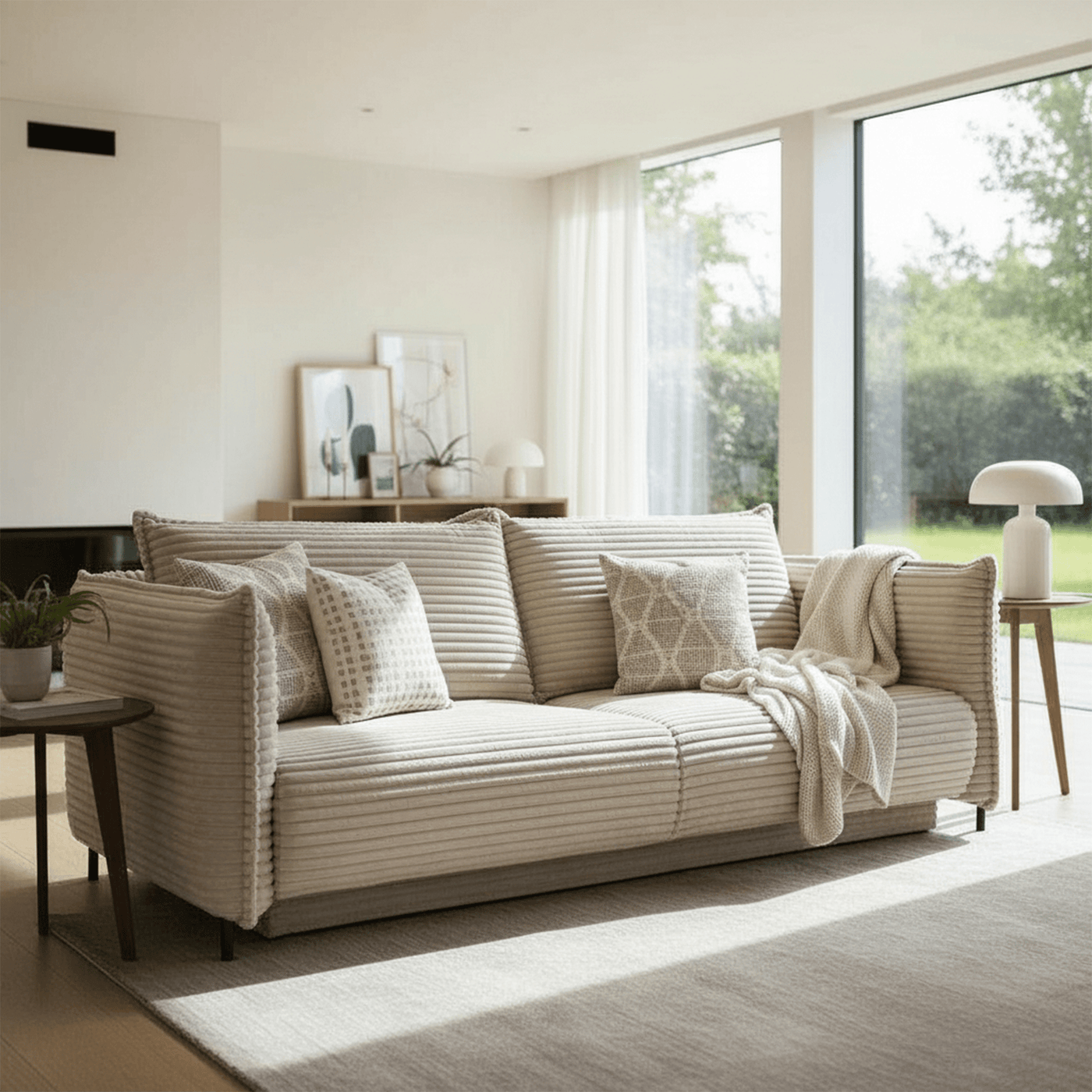MONICA Canapé 3 places convertible avec coffre velours gros côtelé beige - Canapés convertibles - Mobilier Deco
