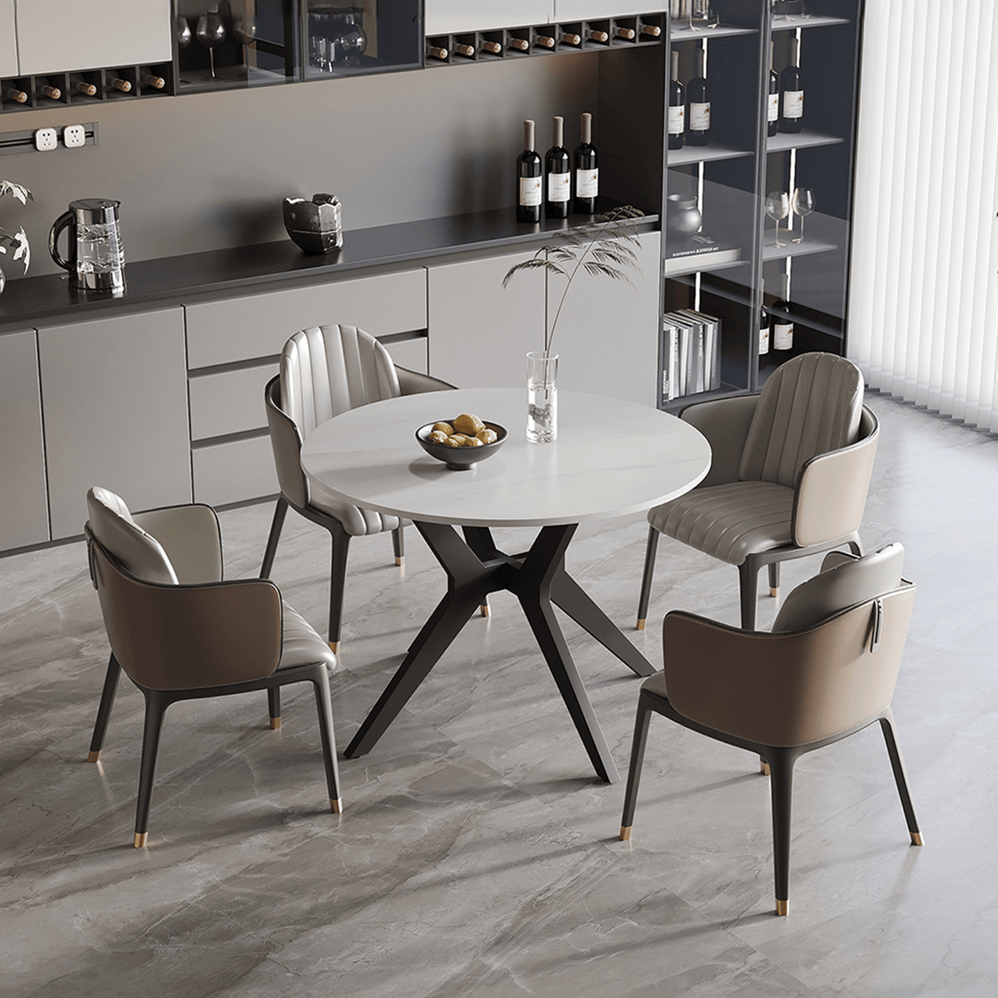 MONNA Table à manger ronde pierre frittée blanc piètement en métal noir - Table à manger - Mobilier Deco