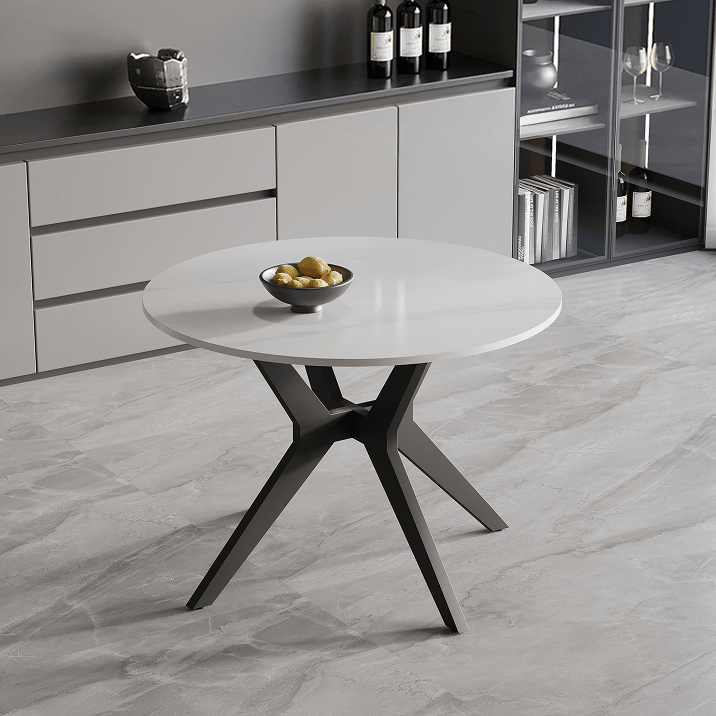 MONNA Table à manger ronde pierre frittée blanc piètement en métal noir - Table à manger - Mobilier Deco