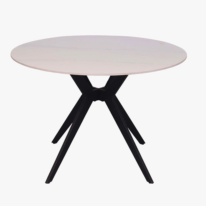 MONNA Table à manger ronde pierre frittée blanc piètement en métal noir