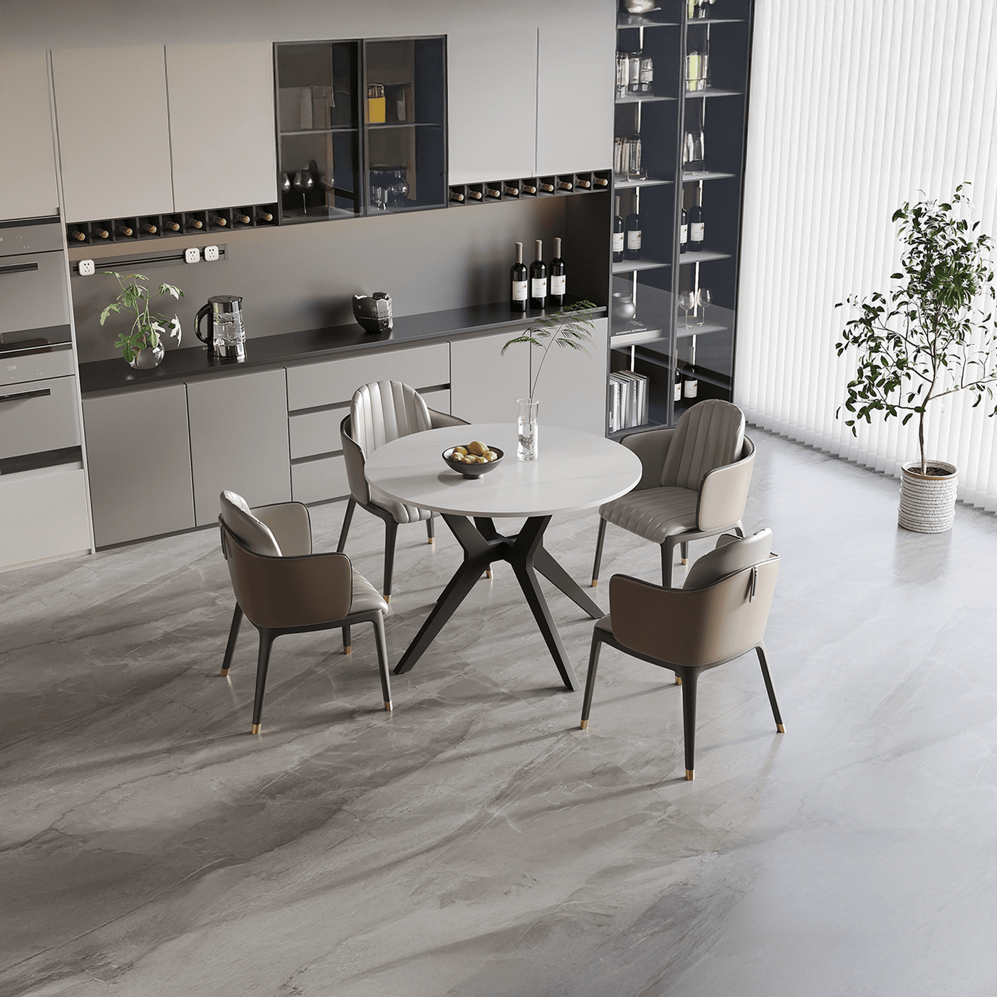 MONNA Table à manger ronde pierre frittée blanc piètement en métal noir - Table à manger - Mobilier Deco