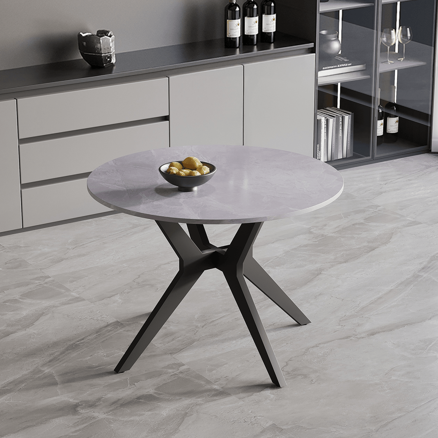 MONNA Table à manger ronde pierre frittée gris piètement en métal noir - Table à manger - Mobilier Deco