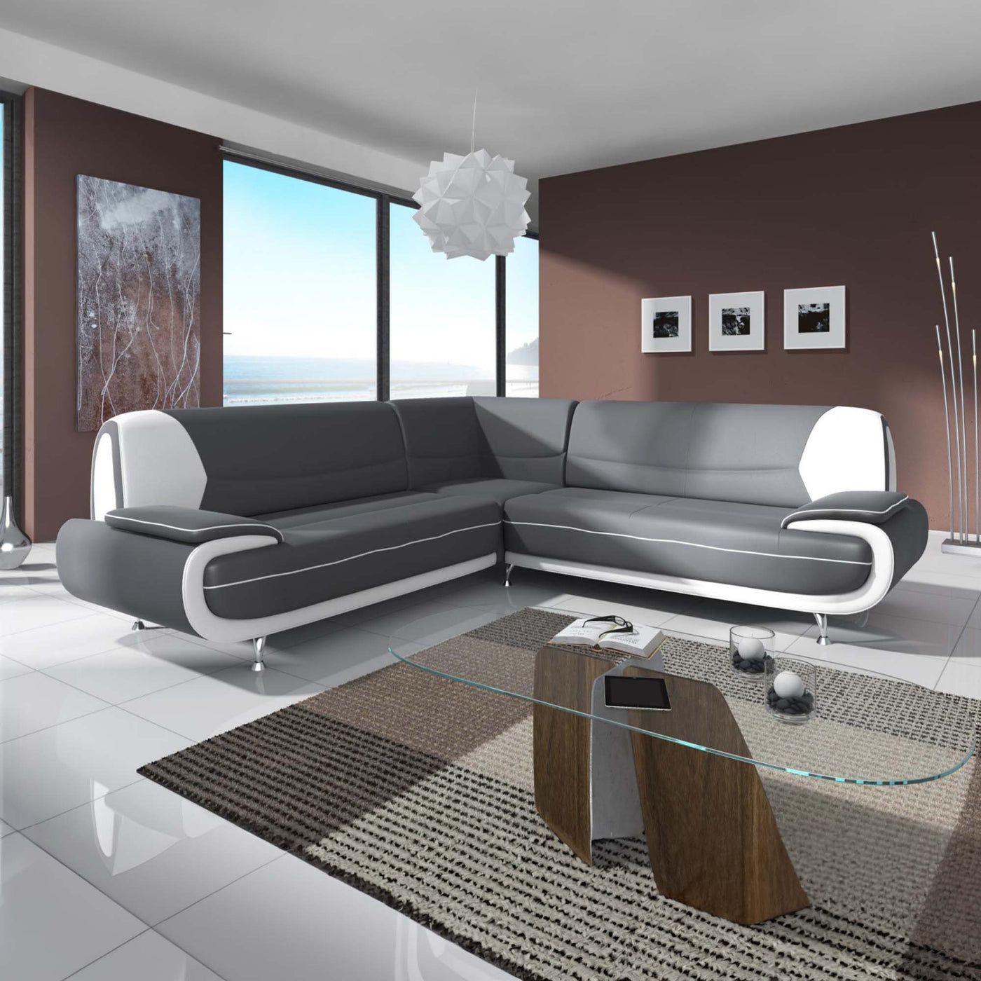 MUZA Canapé d'angle design en simili cuir gris et blanc - Canapés d'angle - Mobilier Deco