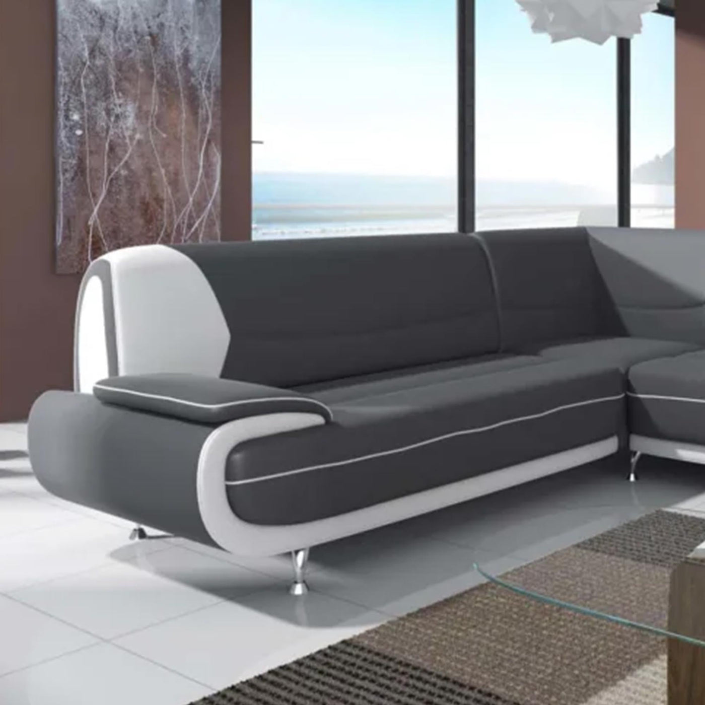 MUZA Canapé d'angle design en simili cuir gris et blanc - Canapés d'angle - Mobilier Deco