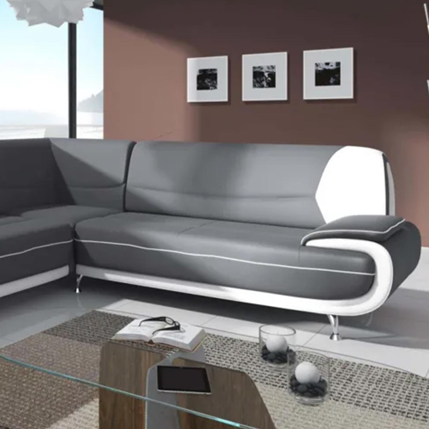 MUZA Canapé d'angle design en simili cuir gris et blanc - Canapés d'angle - Mobilier Deco