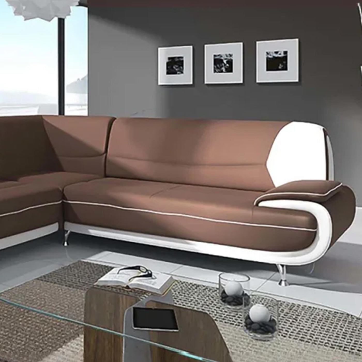 MUZA Canapé d'angle design en simili cuir marron et blanc - Canapés d'angle - Mobilier Deco