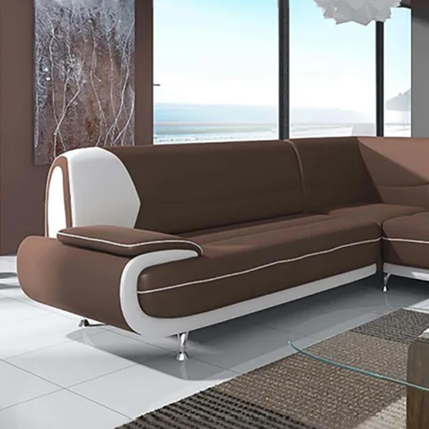 MUZA Canapé d'angle design en simili cuir marron et blanc - Canapés d'angle - Mobilier Deco
