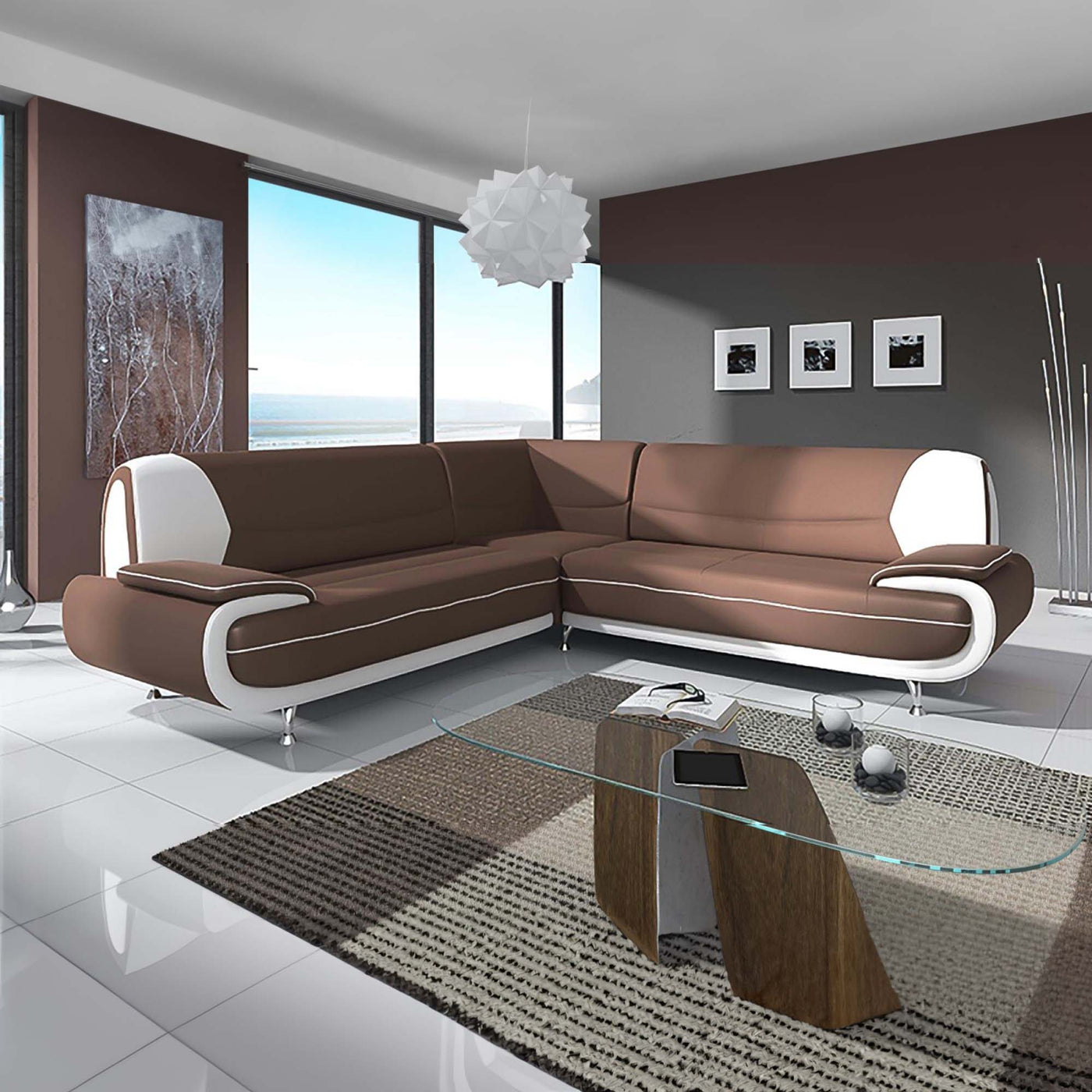 MUZA Canapé d'angle design en simili cuir marron et blanc - Canapés d'angle - Mobilier Deco