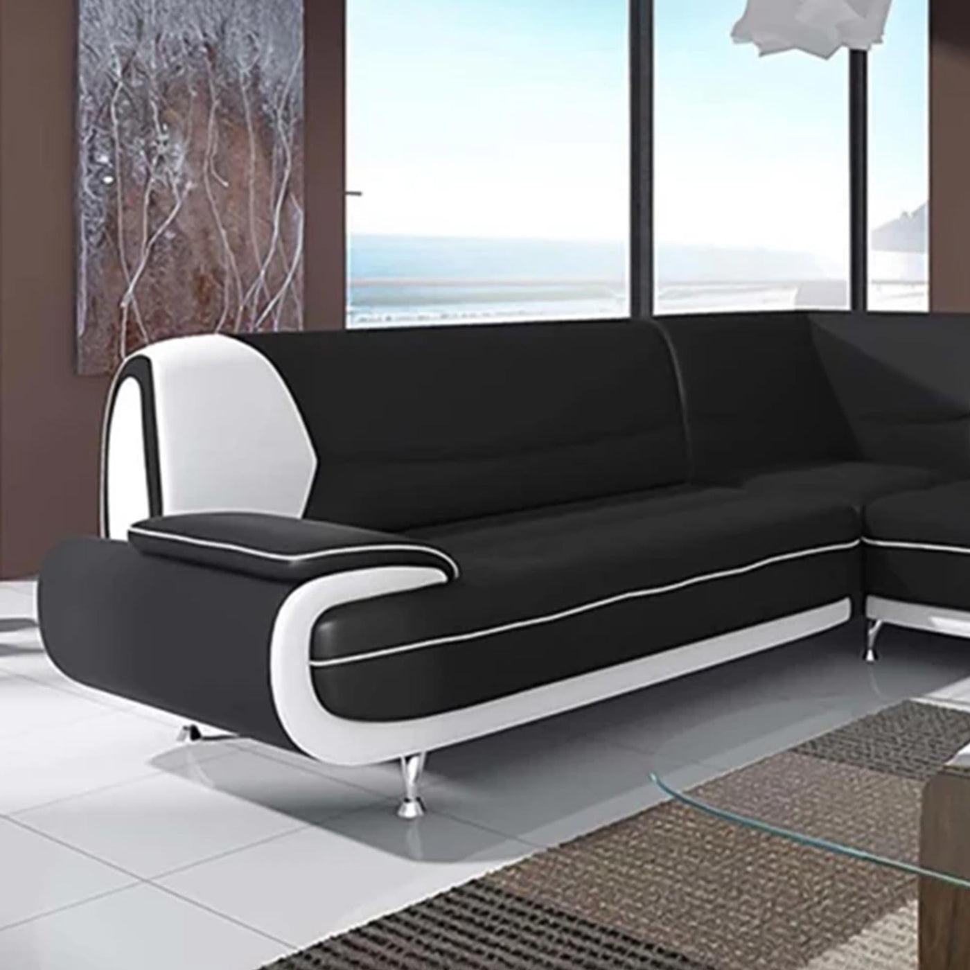 MUZA Canapé d'angle design en simili cuir noir et blanc - Canapés d'angle - Mobilier Deco