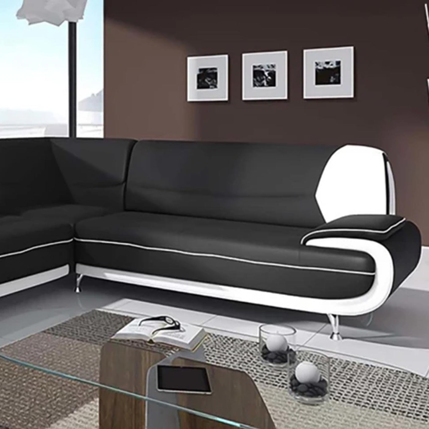 MUZA Canapé d'angle design en simili cuir noir et blanc - Canapés d'angle - Mobilier Deco