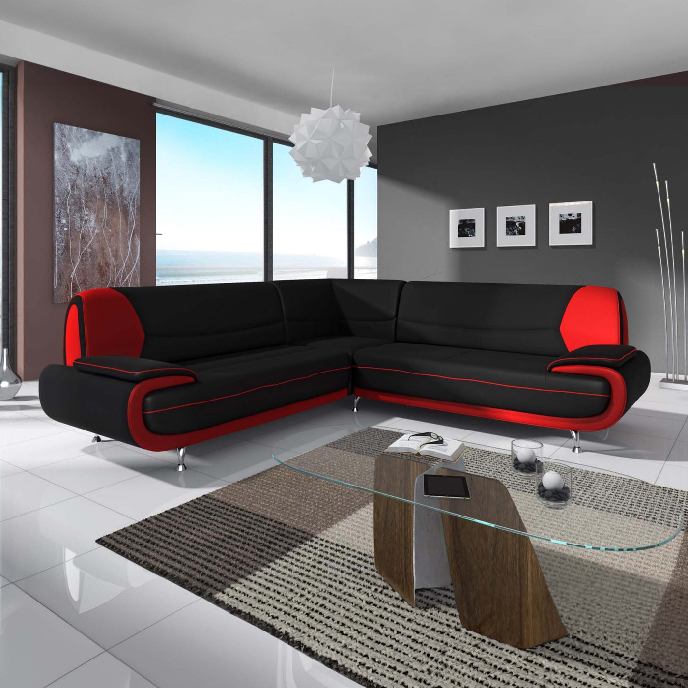MUZA Canapé d'angle design en simili cuir noir et rouge - Canapés d'angle - Mobilier Deco