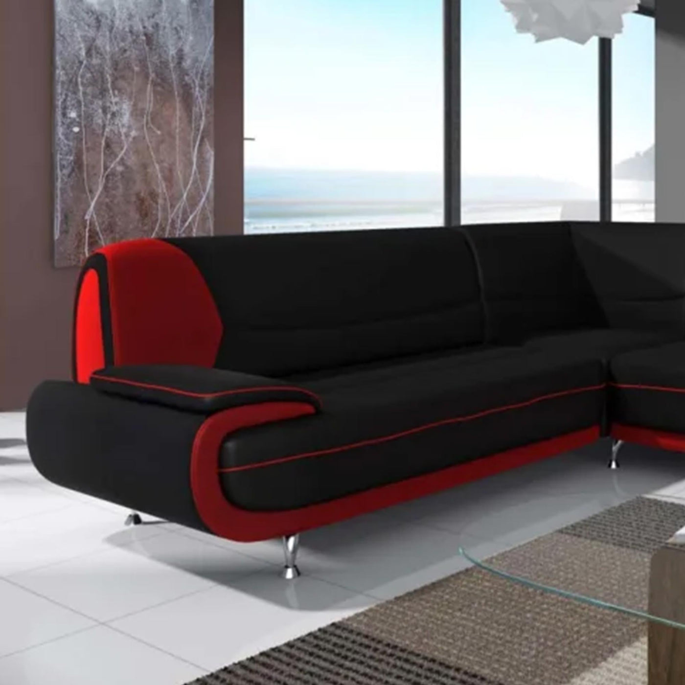 MUZA Canapé d'angle design en simili cuir noir et rouge - Canapés d'angle - Mobilier Deco