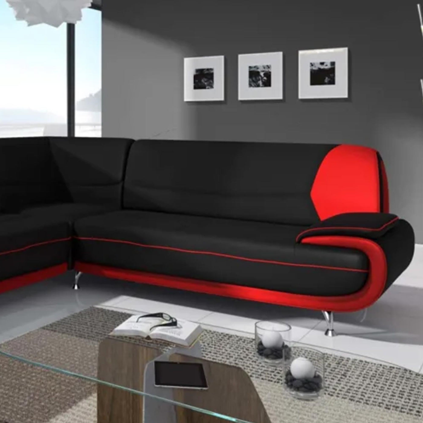 MUZA Canapé d'angle design en simili cuir noir et rouge - Canapés d'angle - Mobilier Deco