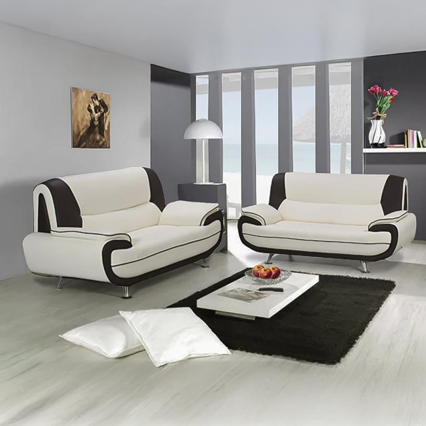 MUZA Canapé design 2 places en simili cuir blanc et noir - Canapés fixes - Mobilier Deco