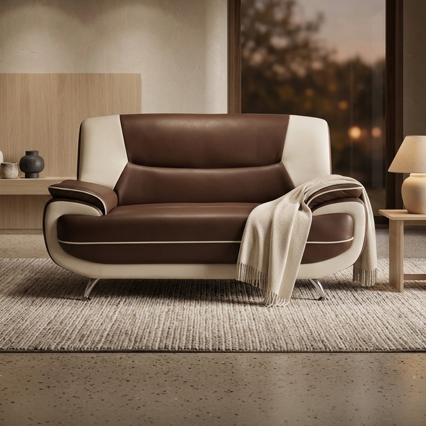 MUZA Canapé design 2 places en simili cuir marron et blanc - Canapés fixes - Mobilier Deco