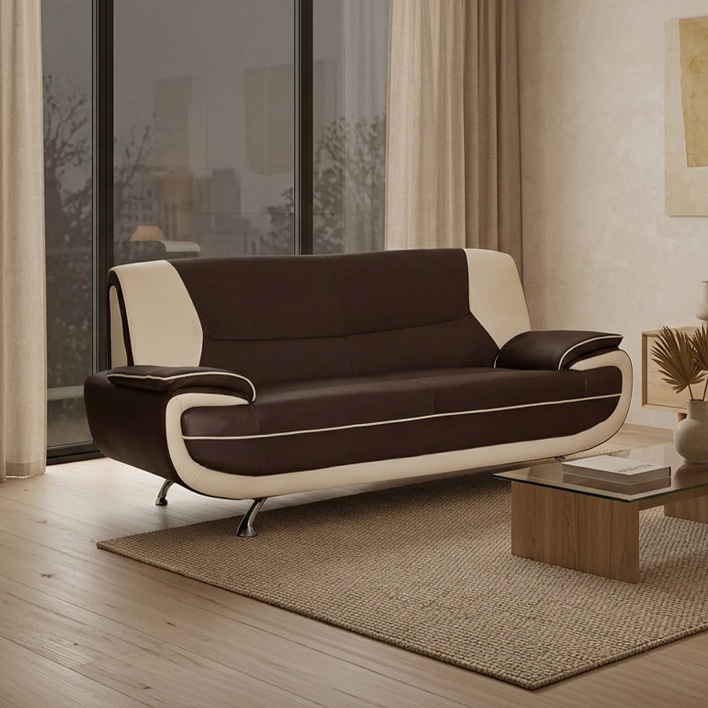 MUZA Canapé design 3 places en simili cuir marron et blanc - Canapés fixes - Mobilier Deco