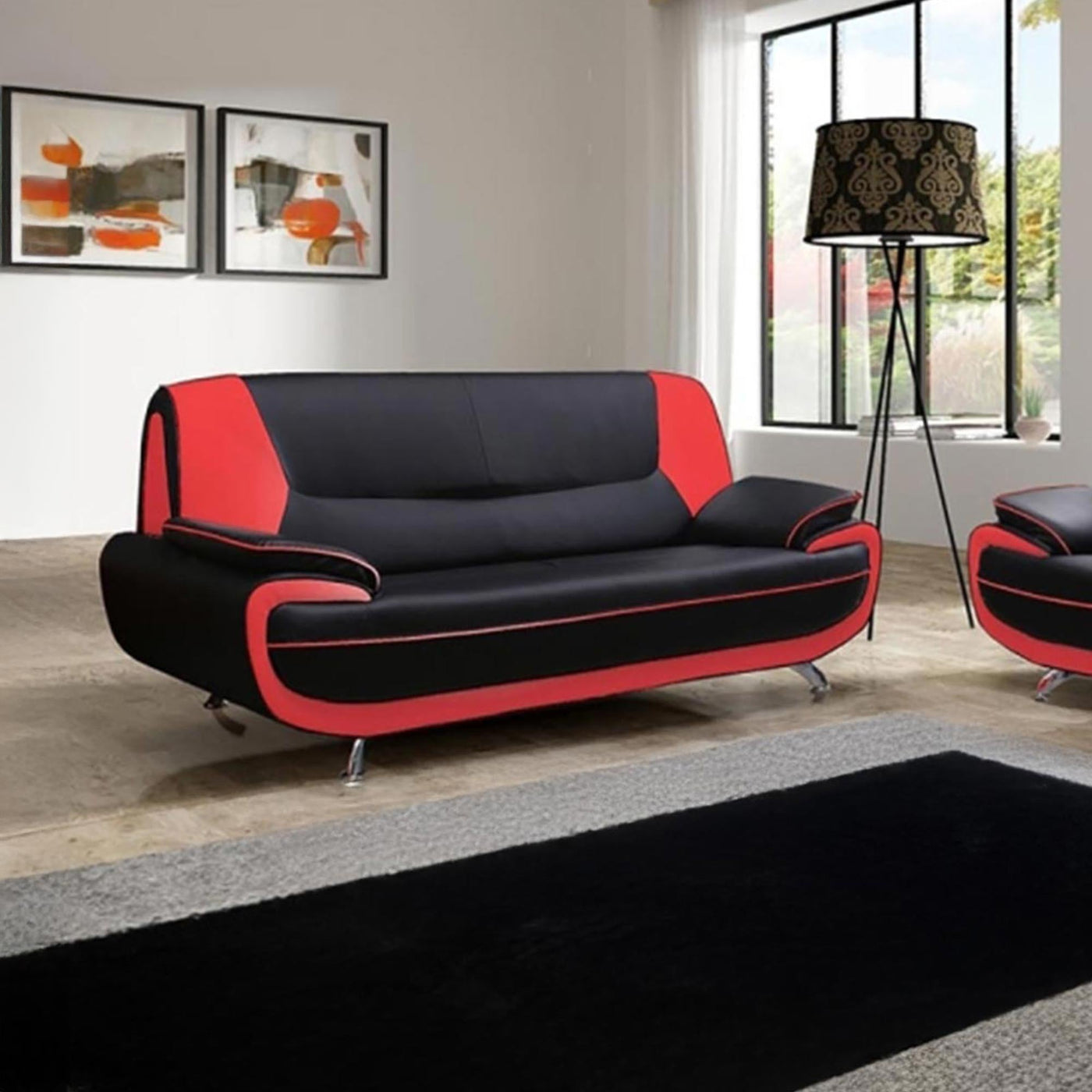 MUZA Canapé design 3 places en simili cuir noir et rouge - Canapés fixes - Mobilier Deco