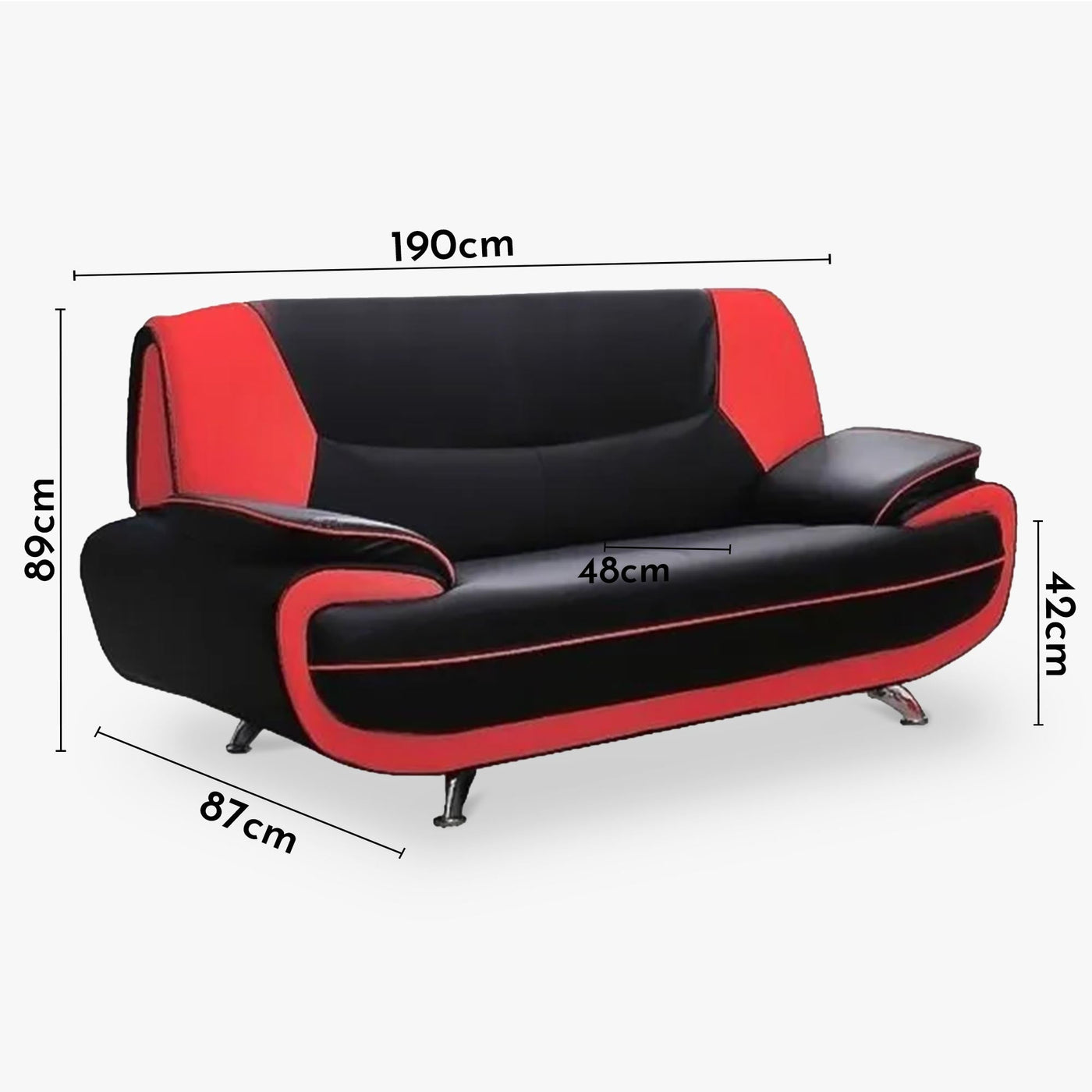 MUZA Canapé design 3 places en simili cuir noir et rouge - Canapés fixes - Mobilier Deco