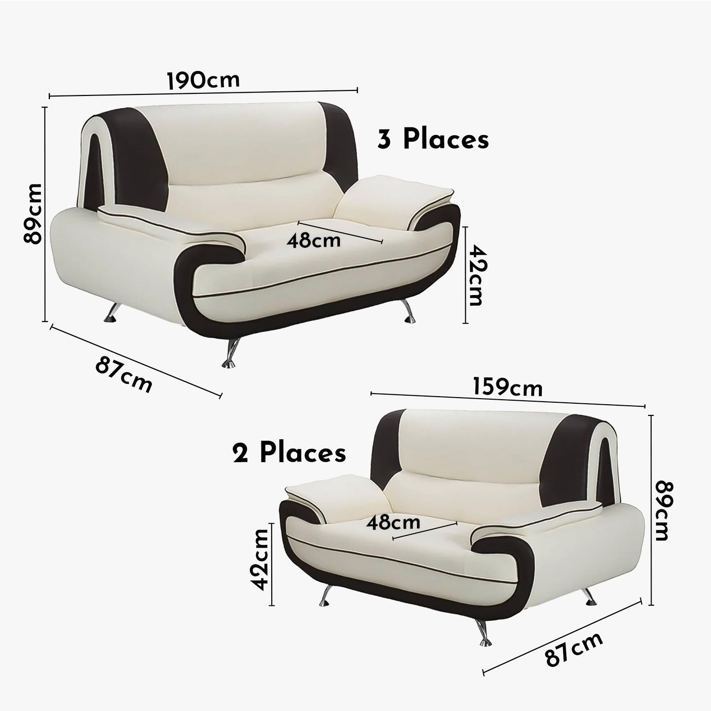 MUZA Ensemble canapé design en simili cuir blanc et noir - Ensemble de canapés - Mobilier Deco