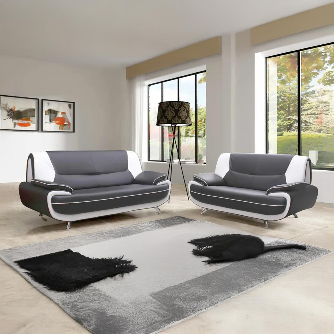 MUZA Ensemble canapé design en simili cuir gris et blanc - Ensemble de canapés - Mobilier Deco