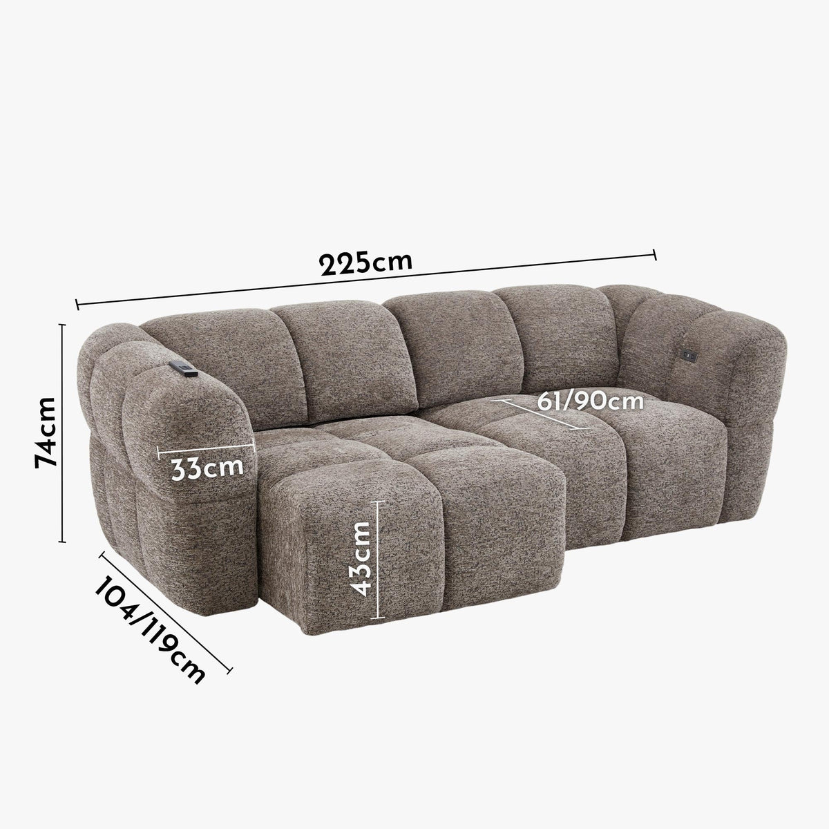 NALA Canapé 3 places relax électrique avec assises coulissantes en tissu taupe - Canapé relax - Mobilier Deco