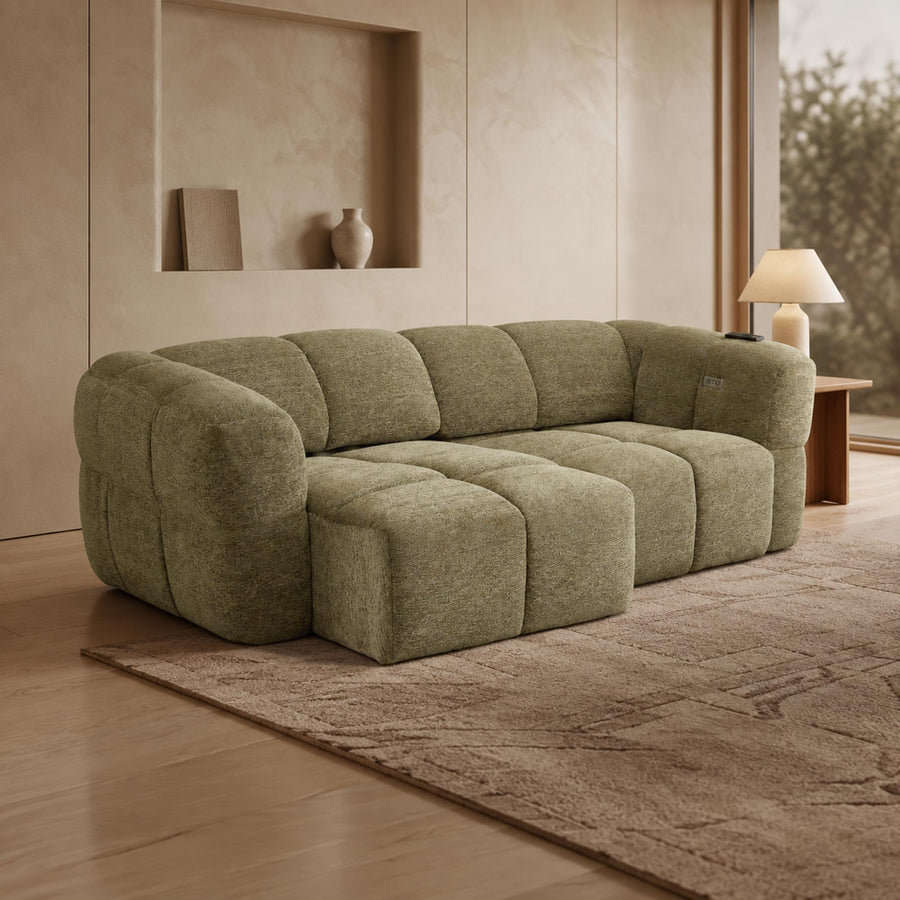 NALA Canapé 3 places relax électrique avec assises coulissantes en tissu vert — aperçu vidéo