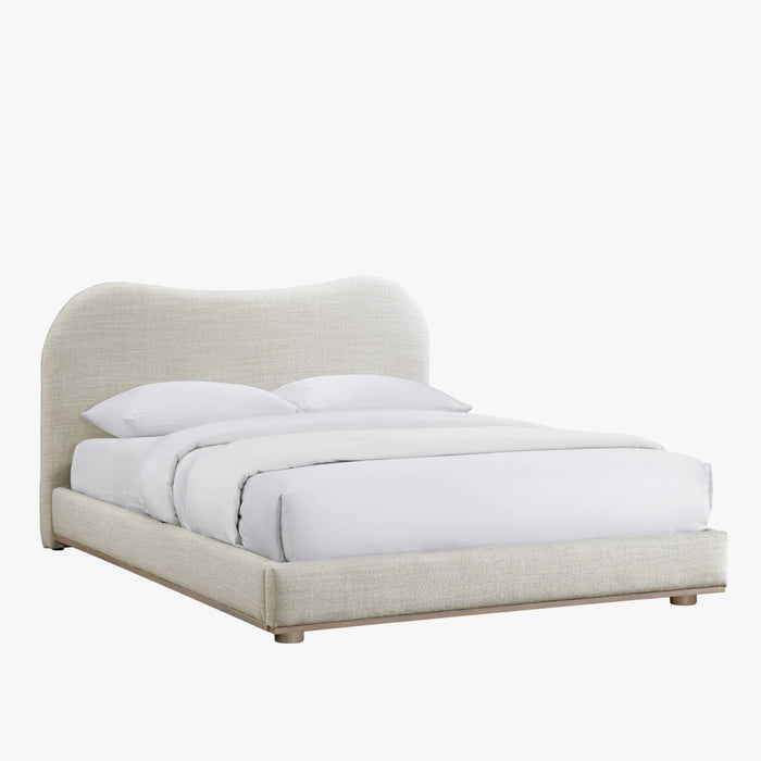 NALY Lit double en tissu beige et bois clair 140x190 cm